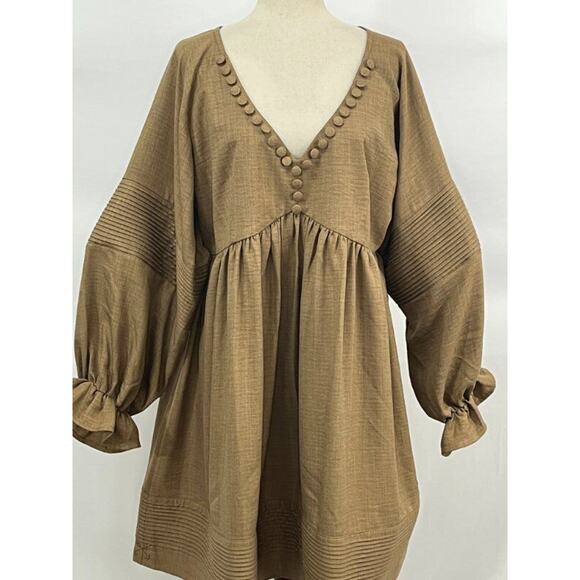 MOODSTORIES OS S M L Brown Tan Long Puff Balloon Sleeve Dress Fall - Picture 6 of 9